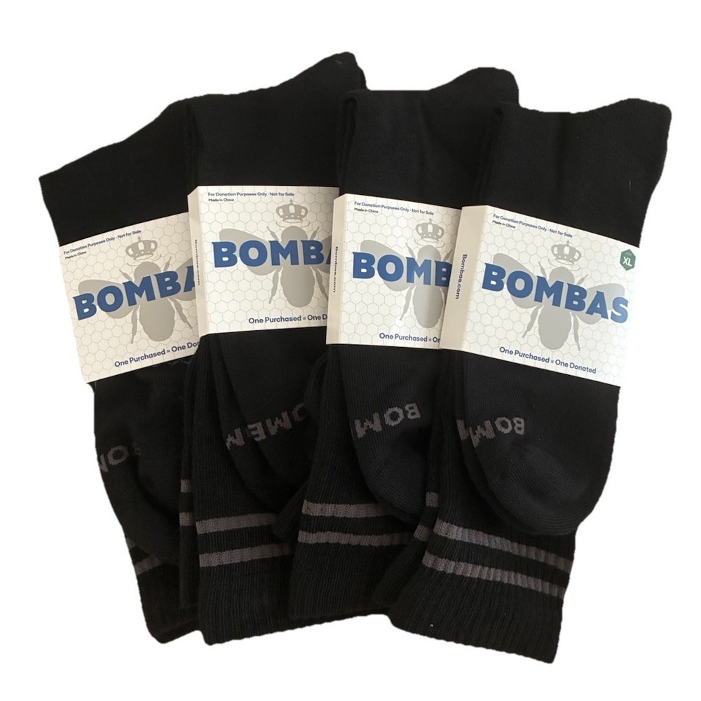 BOMBAS Socks Men's XL (US 13.5-16) Black Gray Stripe Calf Logo NEW Lot Of 4